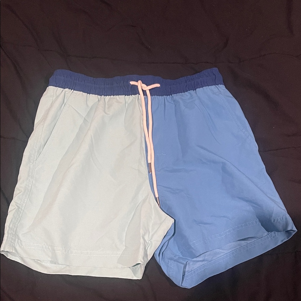 American Eagle Blue Colorblock Swim Trunks with Navy Waistband